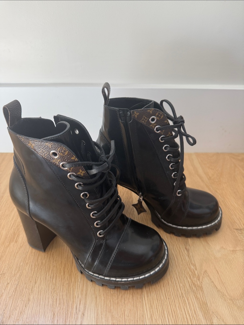 Louis Vuitton Black Leather Lace-Up Platform Booties with Monogram Trim